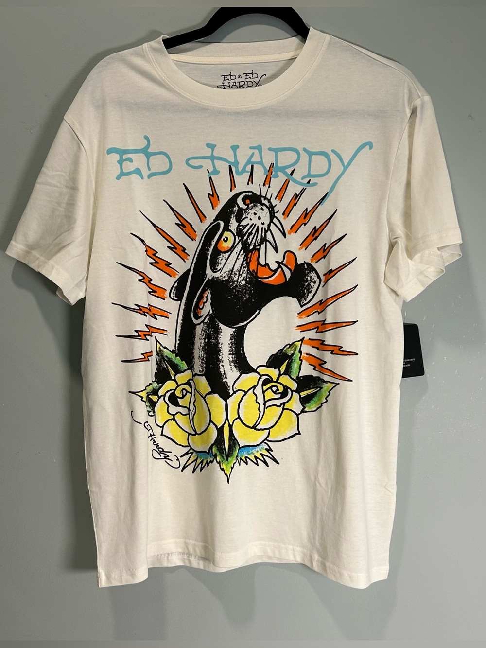 Ed Hardy White Tee with Black Panther Ivory Tattoo Graphics Men’s M NWT